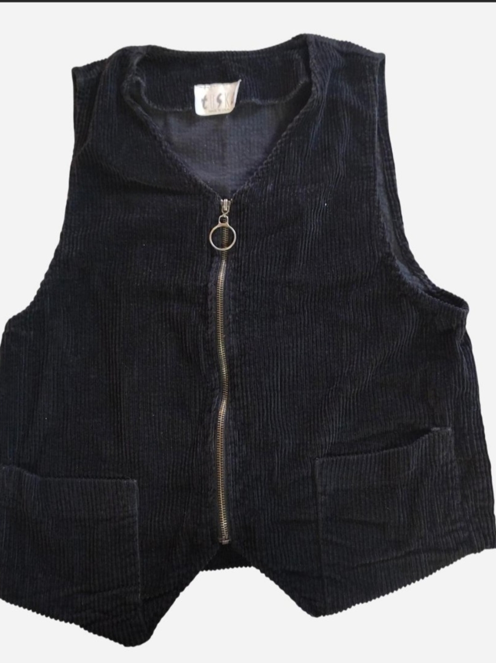 Tiska Black Corduroy Zip Vest with Ring Pull